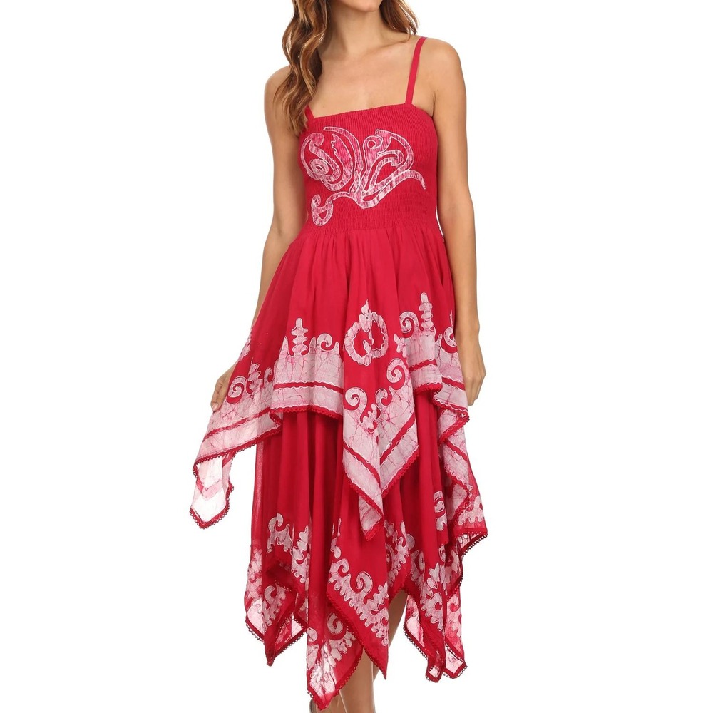Sakkas Batik Smocked Bodice Handkerchief Hem Midi Dress One Size Boho  Fairycore